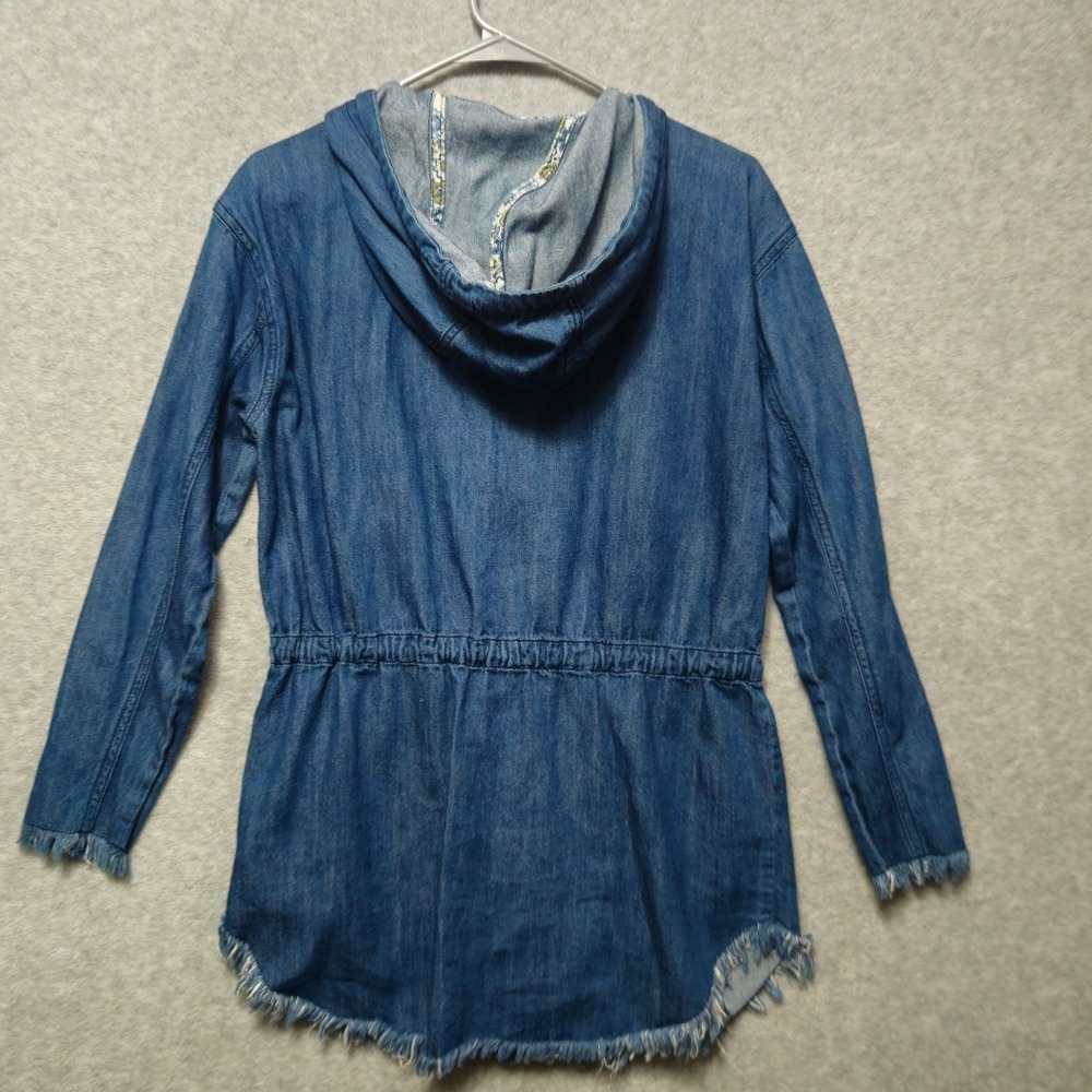 Life in Progress Denim Hooded Utility Jacket Womens Small Blue Frayed Hem Button - Picture 2 of 7